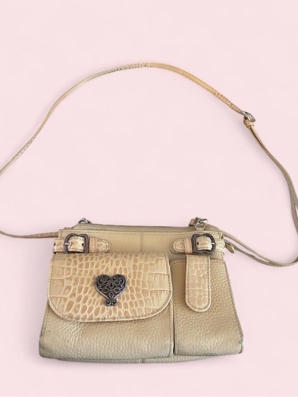 Brighton Yellow Croc Embossed Crossbody Organizer Bag with Heart Accent
